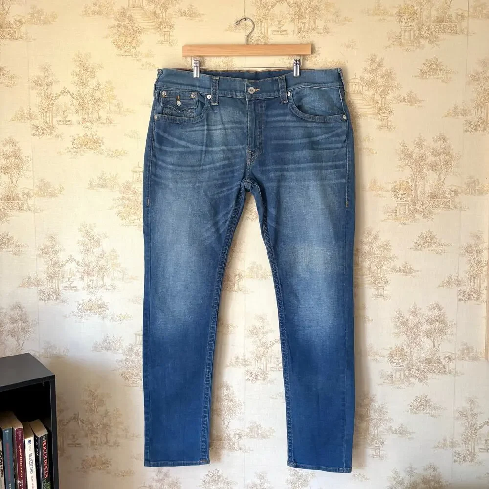 True Religion Skinny Flap Jeans Mens 40 Blue Horseshoe Single Needle Modern